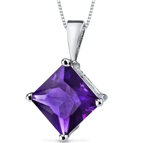 personalized pendant necklace with crystal and moonstone -Amethyst Pendant Necklace 14 Karat White Gold Princess 2.19 Cts