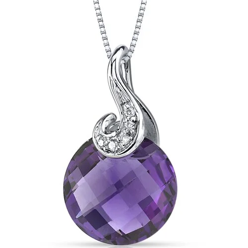 personalized pendant necklace with heart engraving -Amethyst and Diamond Pendant Necklace 14K White Gold 3.50 Carats Round