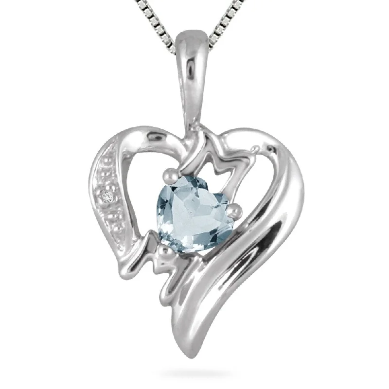 silver pendant necklace with personalized engraving -Aquamarine and Diamond Heart MOM Pendant in 10K White Gold