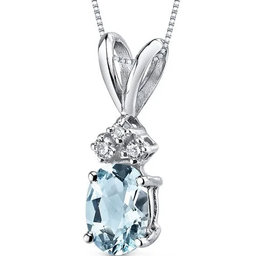 silver pendant necklace with custom engraving -Aquamarine and Diamond Pendant Necklace 14K White Gold 0.63 Carat Oval