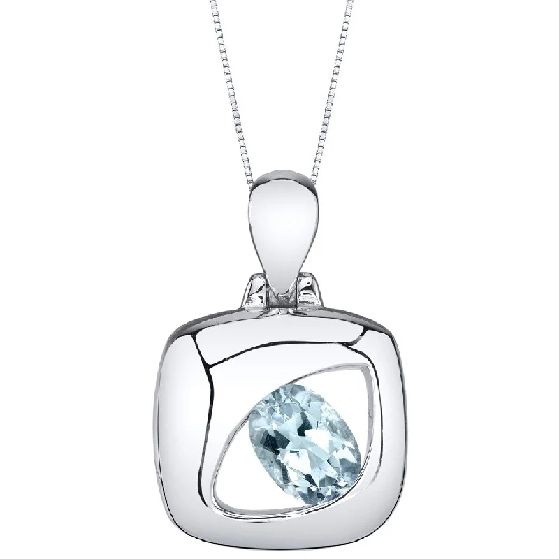 silver pendant necklace with heart and crystal -Aquamarine Sterling Silver Sculpted Pendant Necklace