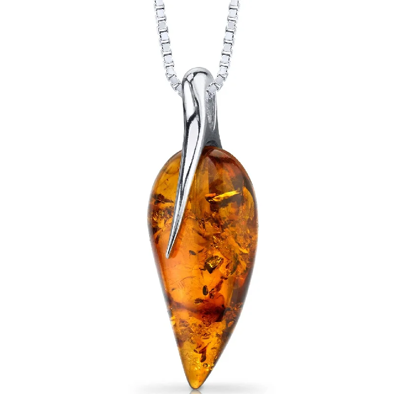 personalized silver pendant necklace with birthstone -Baltic Amber Leaf Pendant Necklace Sterling Silver Cognac