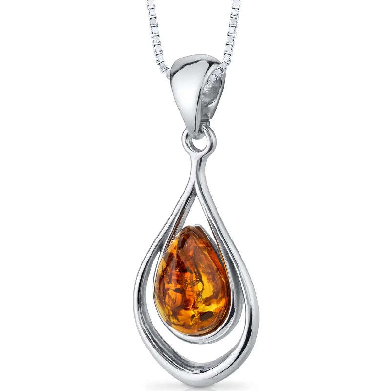 personalized bar pendant necklace with initials -Baltic Amber Pendant Necklace Sterling Silver Cognac Tear Drop