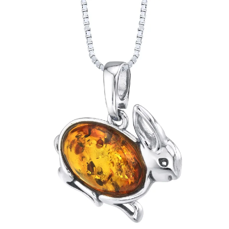 custom bar pendant necklace with initials for women -Baltic Amber Bunny Rabbit Pendant Necklace Sterling Silver