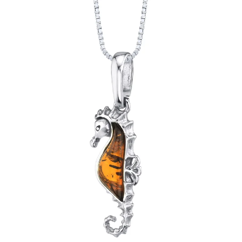 silver pendant necklace with charm for wedding -Baltic Amber Seahorse Pendant Necklace Sterling Silver