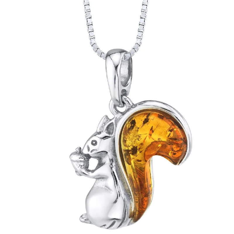 silver pendant necklace with custom heart design -Baltic Amber Squirrel Pendant Necklace Sterling Silver