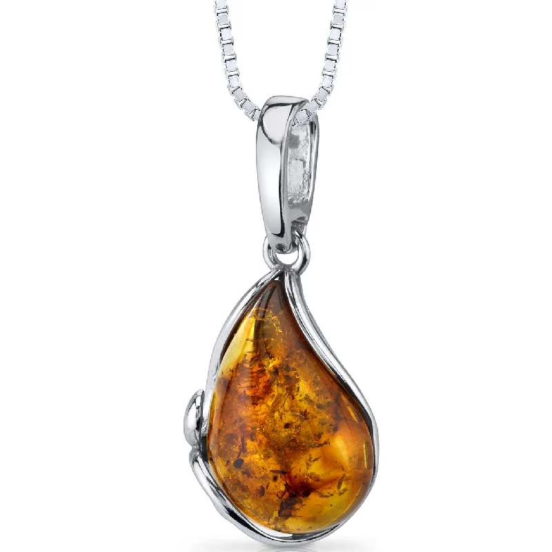 women’s personalized pendant necklace with pearl -Baltic Amber Tear Drop Pendant Necklace Sterling Silver Cognac