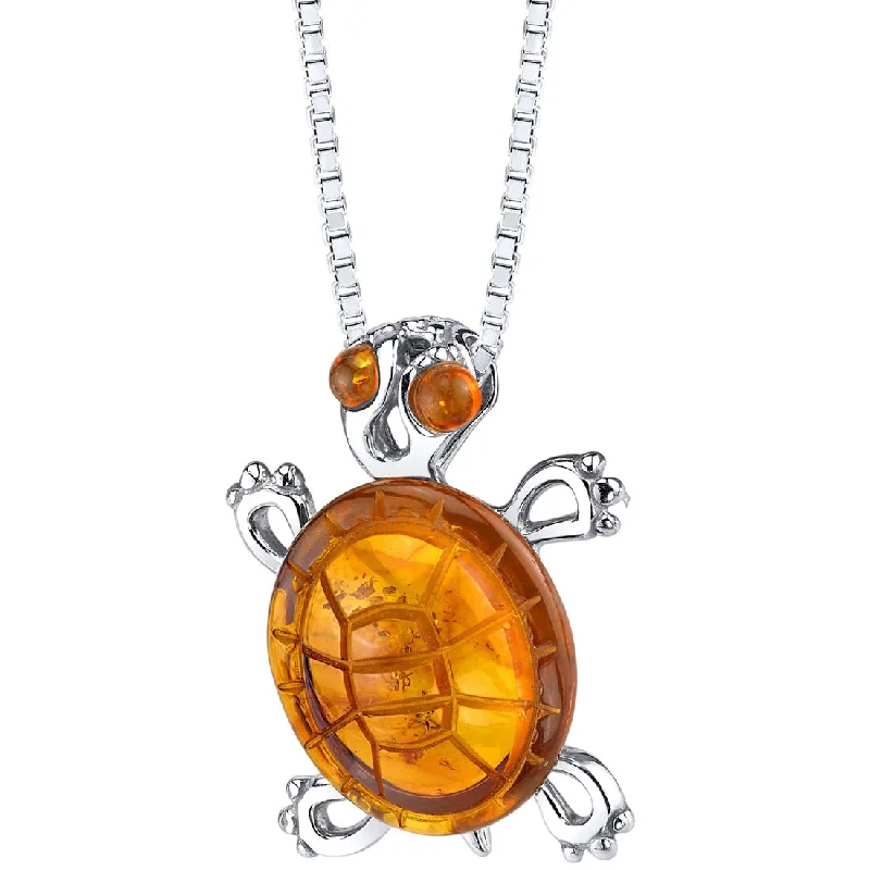 silver pendant necklace with initials and charm -Baltic Amber Turtle Pendant Necklace Sterling Silver Multiple Color