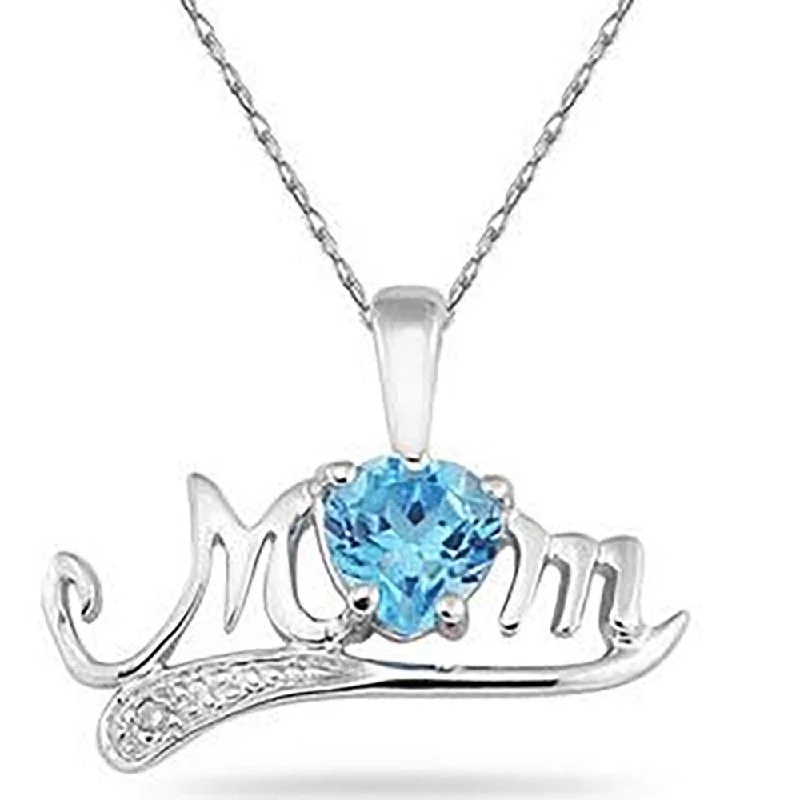 celestial star pendant necklace with custom engraving -Blue Topaz and Diamond MOM Pendant 10k White Gold