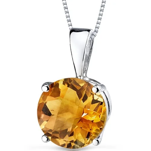 custom pendant necklace with initials for bridal party -Citrine Pendant Necklace 14 Karat White Gold Round 1.7 Carats