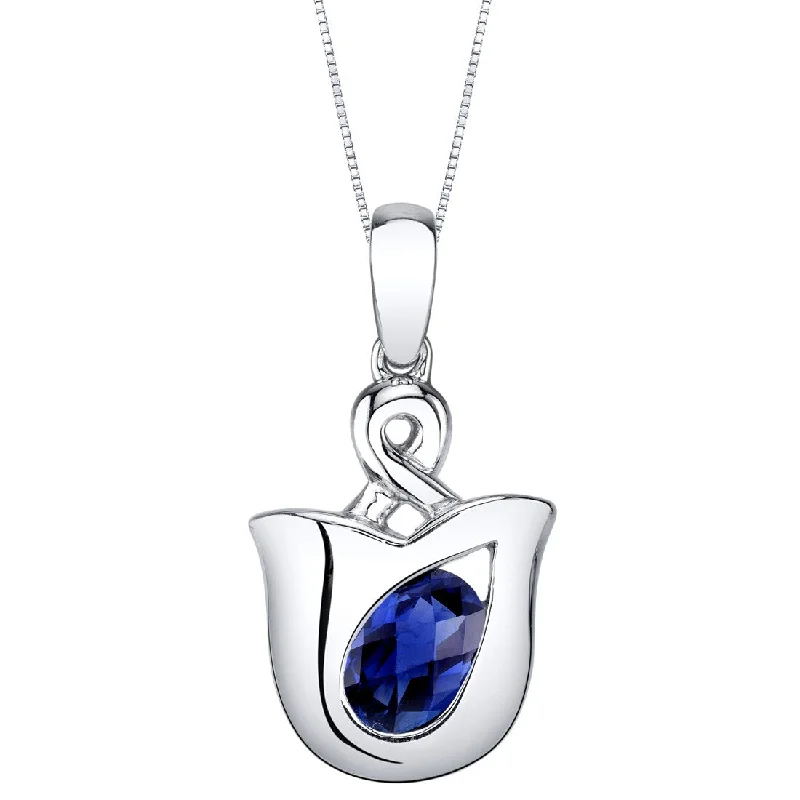 personalized pendant necklace with family name -Created Blue Sapphire Sterling Silver Tulip Pendant Necklace