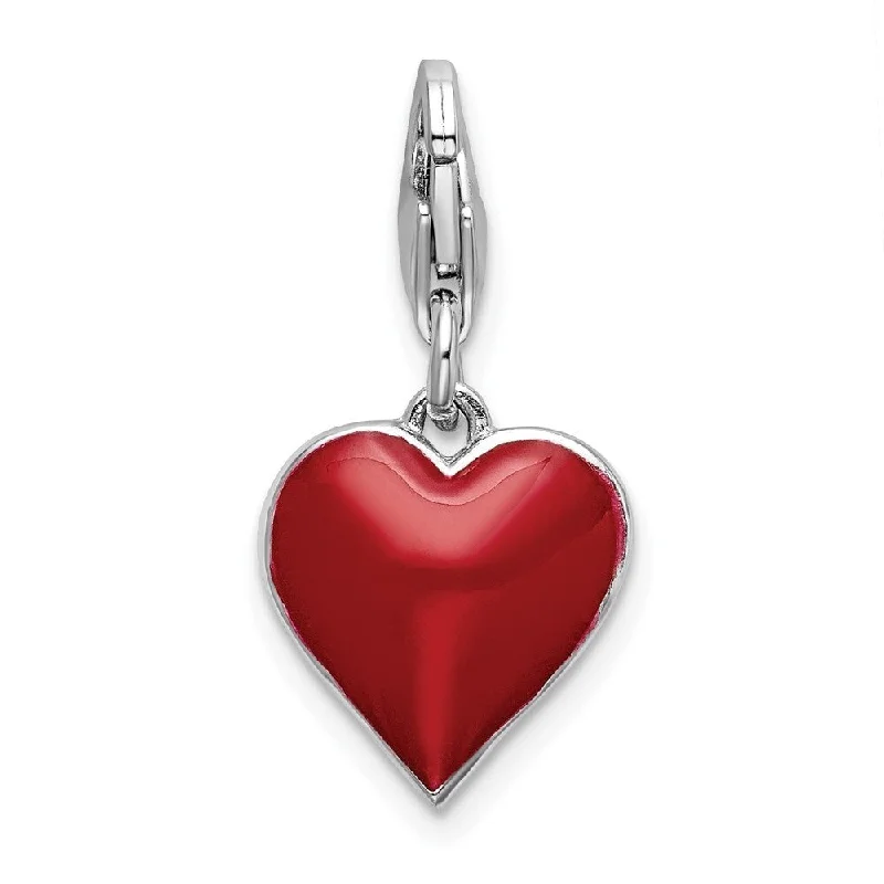 silver pendant necklace with personalized charm -Diamond2Deal 925 Sterling Silver 3-D CZ Red Enamel Heart Pendant w/Lobster Clasp (L- 32 mm, W- 11 mm)