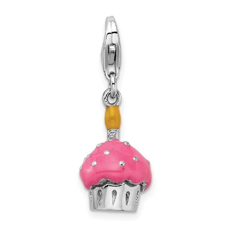 trendy pendant necklace with moonstone -Diamond2Deal 925 Sterling Silver 3-D Enameled Cupcake Candle Lobster Clasp Pendant (L- 37 mm, W- 10 mm)