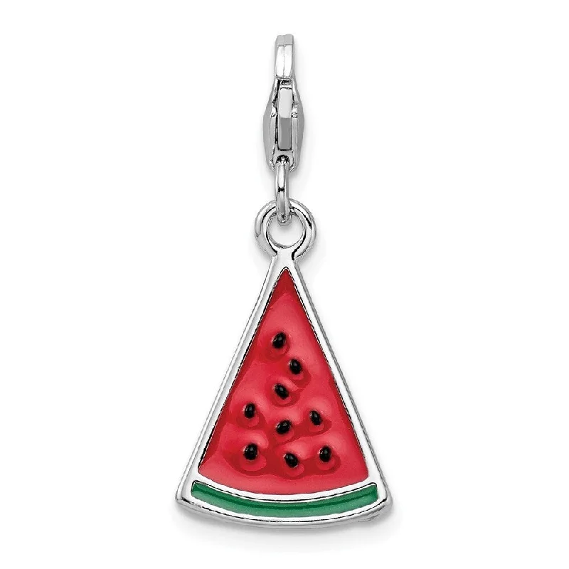 custom silver pendant necklace for wedding anniversary -Diamond2Deal 925 Sterling Silver 3-D Enameled Watermelon Wedge Lobster Clasp Pendant (L- 38 mm, W- 12 mm)