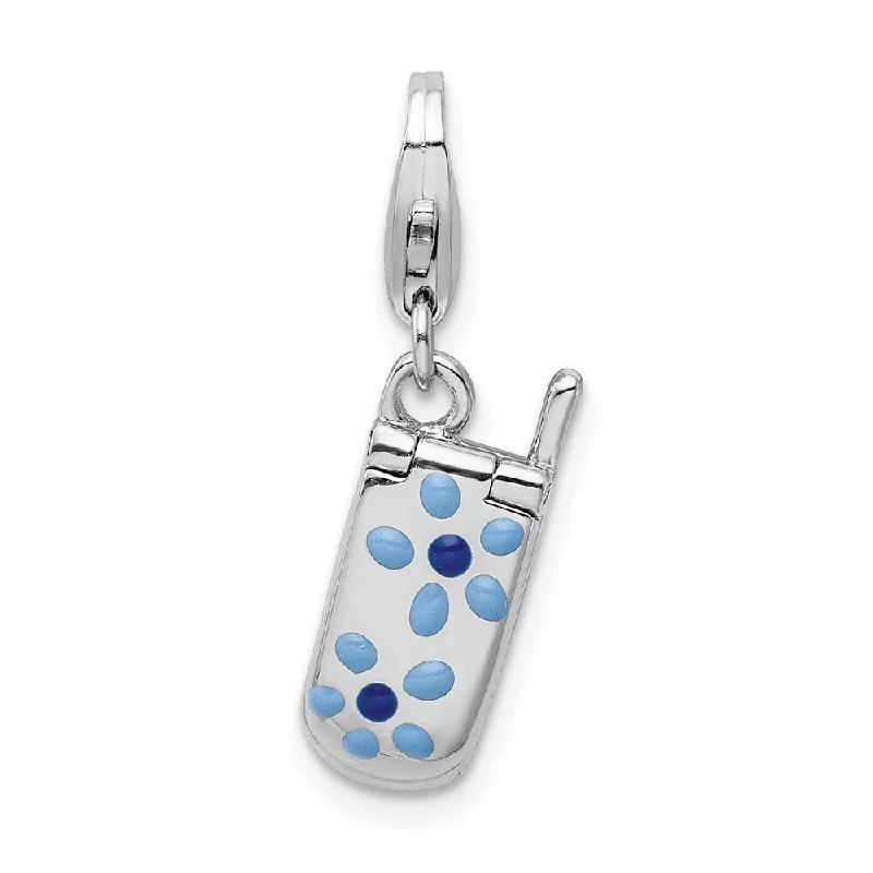 personalized gemstone pendant necklace silver -Diamond2Deal 925 Sterling Silver Flower Enamel Movable Cell Phone Lobster Clasp Pendant (L- 33 mm, W- 8 mm)