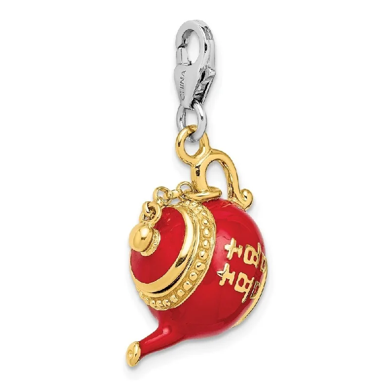 celestial pendant necklace with crystal charm gold -Diamond2Deal 925 Sterling Silver Gold-Plated Red Enameled Tea Pot Lobster Clasp Pendant (L- 37 mm, W- 22 mm)