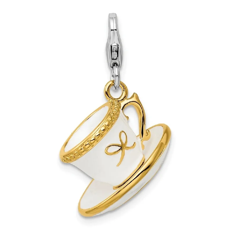 custom pendant necklace with star for brides -Diamond2Deal 925 Sterling Silver Gold-Plated White Enamel Cup Saucer Lobster Pendant (L- 38 mm, W- 15 mm)