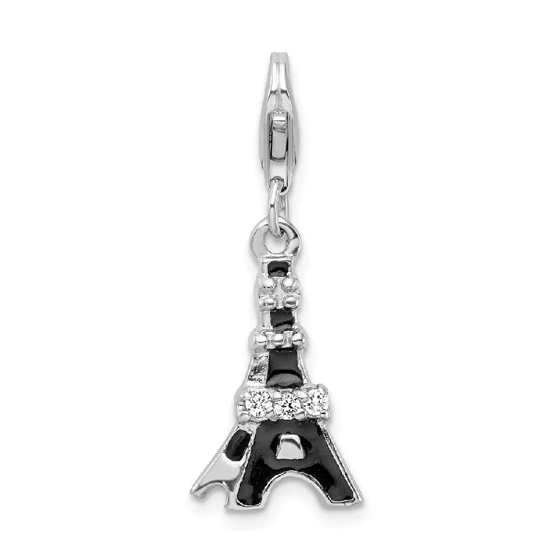 personalized pendant necklace for best friend gift -Diamond2Deal 925 Sterling Silver Rh-plated Black Enameled Cubic Zirconia Eiffel Tower Pendant (L- 39 mm, W- 11 mm)