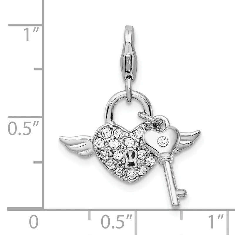 personalized pendant necklace with crystal and moonstone -Diamond2Deal 925 Sterling Silver Rh-plated Reversible Red Enameled Winged Heart and Key with Crystal From Charm