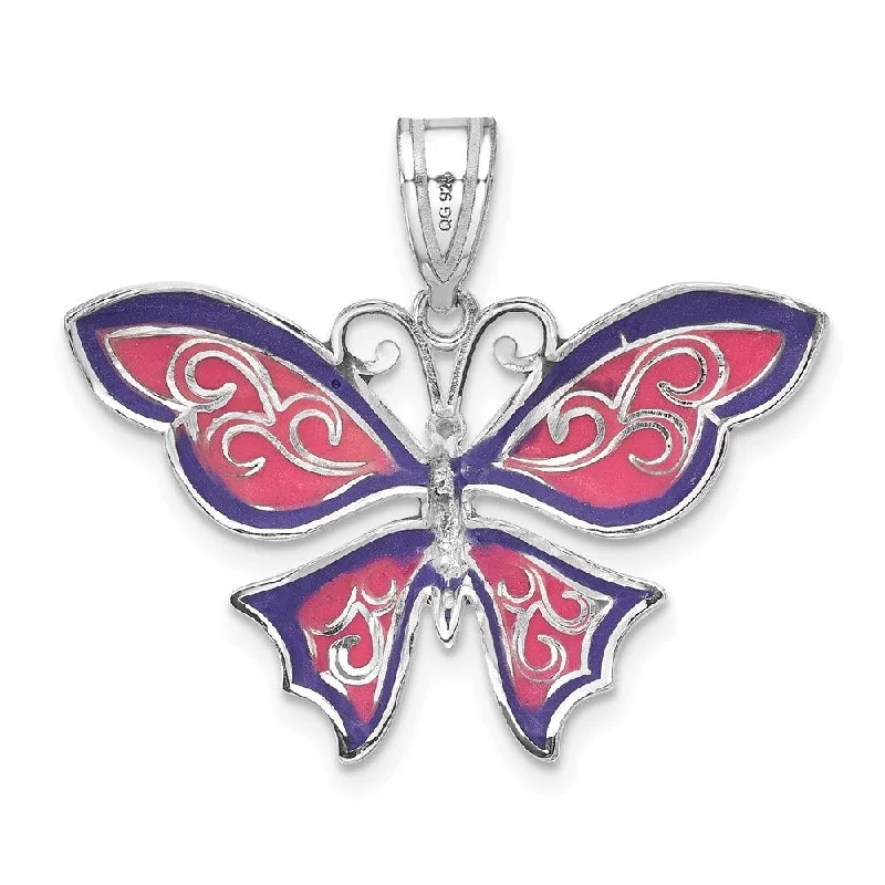 custom name pendant necklace for family -Diamond2Deal 925 Sterling Silver Rhodium-Plated Polished Enameled Purple Butterfly Charm Pendant