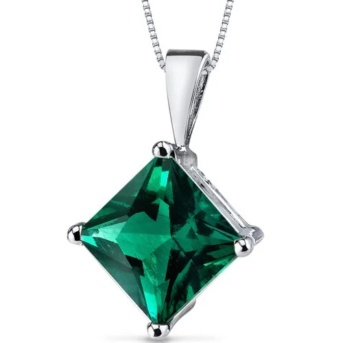 personalized pendant necklace for mom’s birthday -Emerald Pendant Necklace 14 Karat White Gold Princess 2.2 Carats