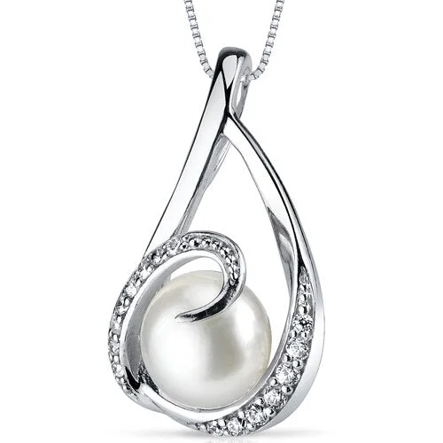 silver pendant necklace with initial letter engraving -Freshwater Cultured 8mm White Pearl Swirl Teardrop Pendant Necklace Sterling Silver