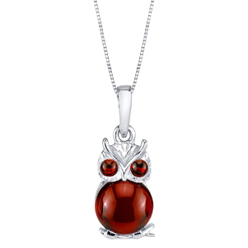 celestial pendant necklace with gold moonstone -Garnet Mini Owl Sterling Silver Pendant Necklace