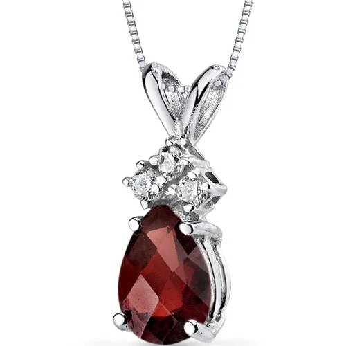 personalized gold pendant necklace with gemstone -Garnet and Diamond Pendant Necklace 14K White Gold 0.89 Carat Pear Shape