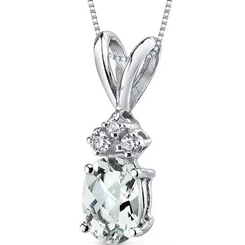 custom gemstone pendant necklace with nameplate -Green Amethyst and Diamond Pendant Necklace 14K White Gold 0.67 Carat Oval