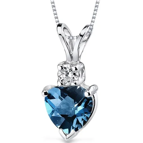 women’s custom gold pendant necklace with charm -London Blue Topaz and Diamond Pendant Necklace 14K White Gold 0.95 Carat Heart Shape