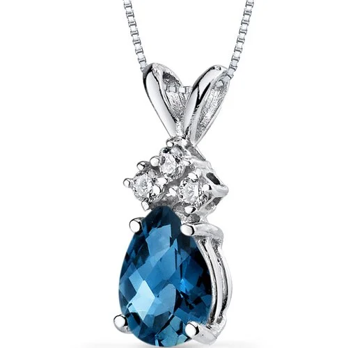 personalized pendant necklace with custom engraving for bride -London Blue Topaz and Diamond Pendant Necklace 14K White Gold 0.77 Carat Pear Shape