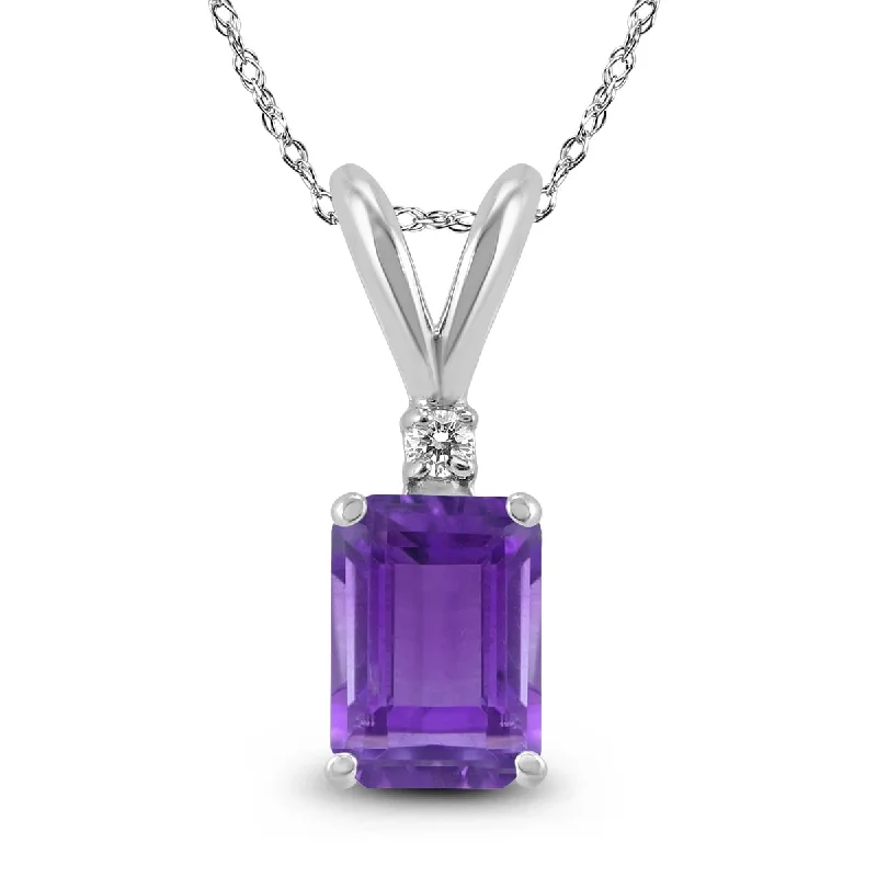 trendy gold pendant necklace with charm -Marquee 14K White Gold 6x4MM Emerald Shaped Amethyst and Diamond Pendant