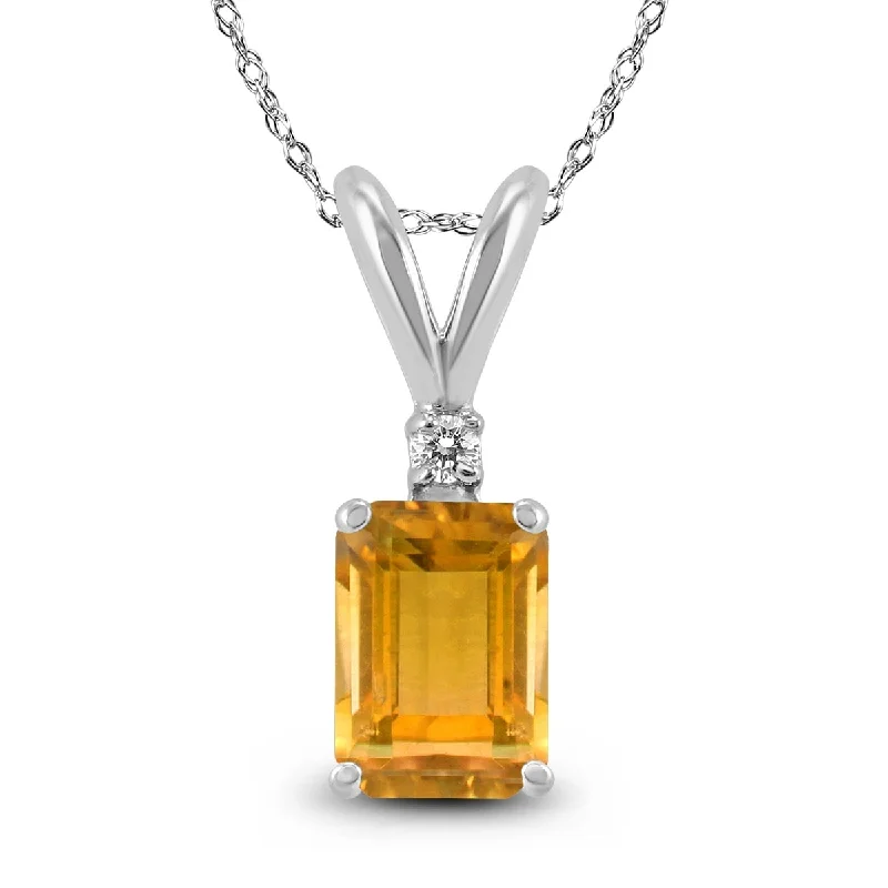 women’s celestial star pendant necklace gold -Marquee 14K White Gold 6x4MM Emerald Shaped Citrine and Diamond Pendant