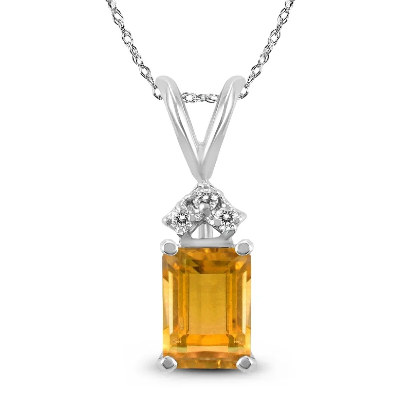 celestial pendant necklace with moon charm -Marquee 14K White Gold 6x4MM Emerald Shaped Citrine and Diamond Pendant