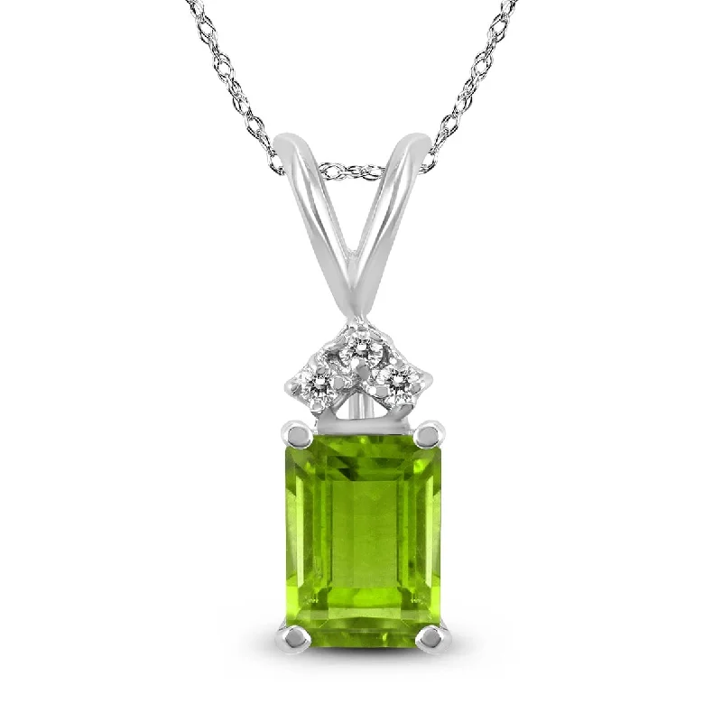 personalized bar pendant necklace with moonstone -Marquee 14K White Gold 6x4MM Emerald Shaped Peridot and Diamond Pendant