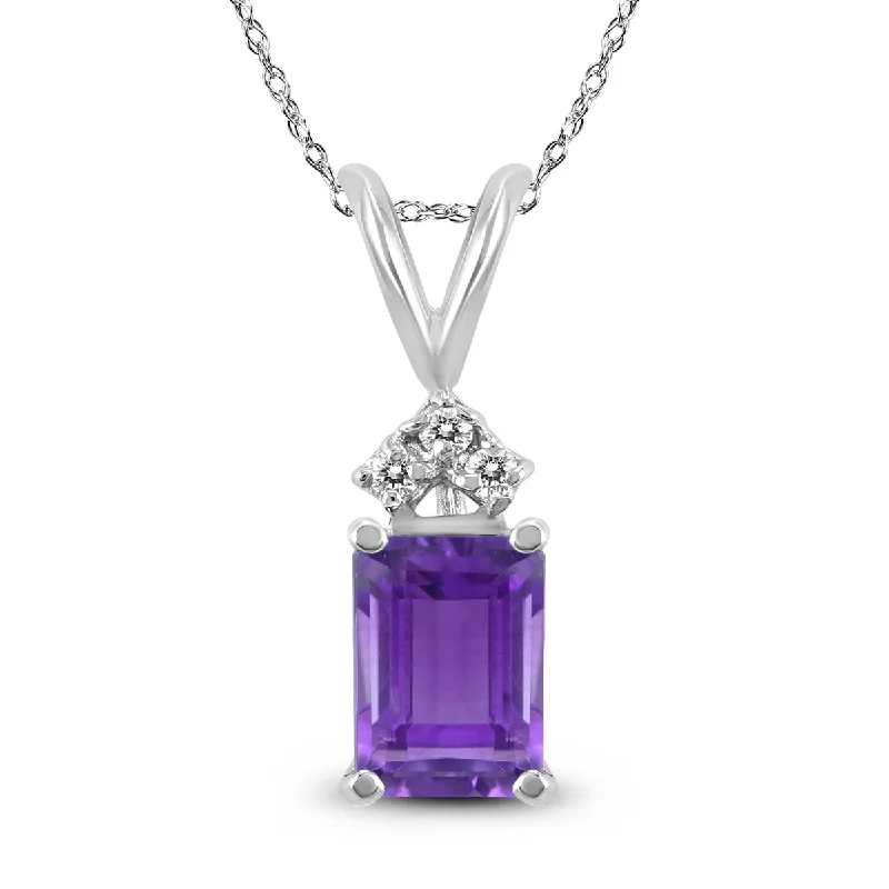 custom silver pendant necklace for special occasions -Marquee 14K White Gold 7x5MM Emerald Shaped Amethyst and Diamond Pendant