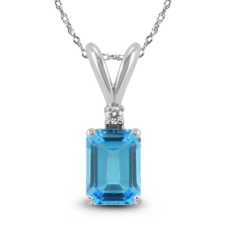 silver pendant necklace with heart pendant -Marquee 14K White Gold 7x5MM Emerald Shaped Blue Topaz and Diamond Pendant