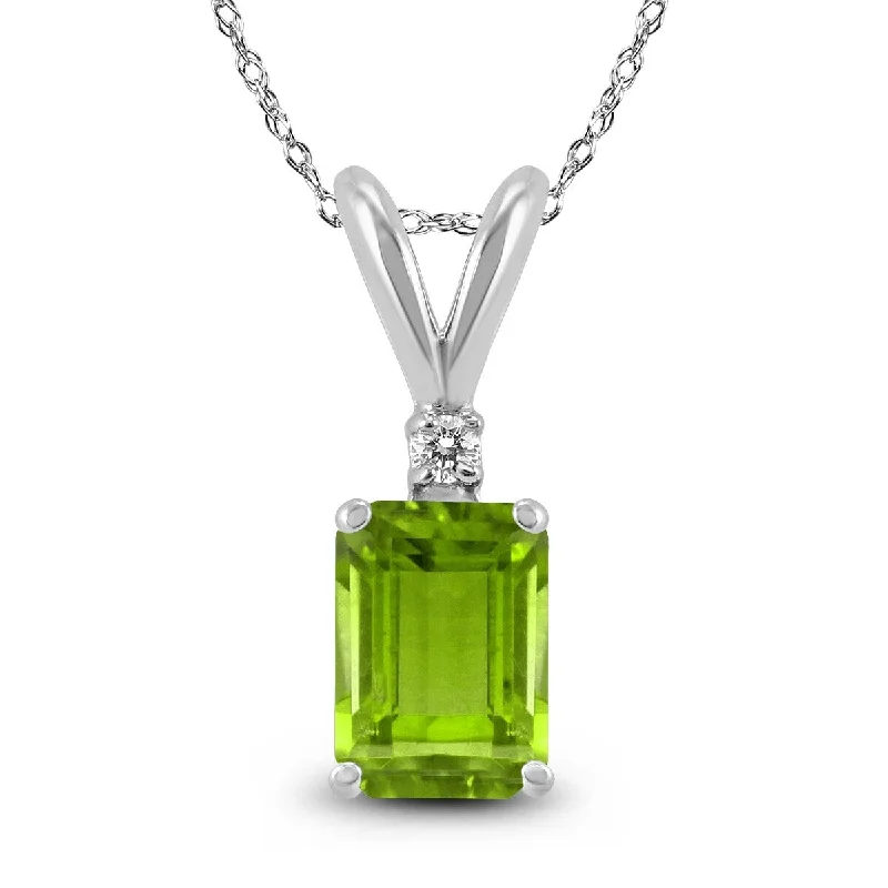 unique bar pendant necklace with crystal -Marquee 14K White Gold 7x5MM Emerald Shaped Peridot and Diamond Pendant