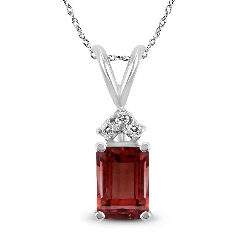 custom name pendant necklace silver -Marquee 14K White Gold 8x6MM Emerald Shaped Garnet and Diamond Pendant