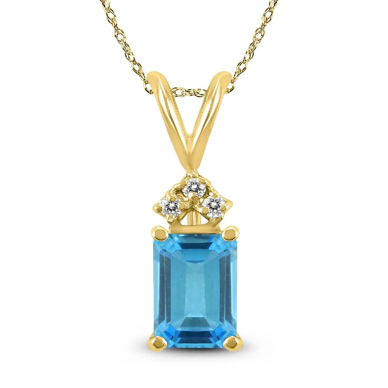 women’s custom pendant necklace with birthstone -Marquee 14K Yellow Gold 6x4MM Emerald Shaped Blue Topaz and Diamond Pendant