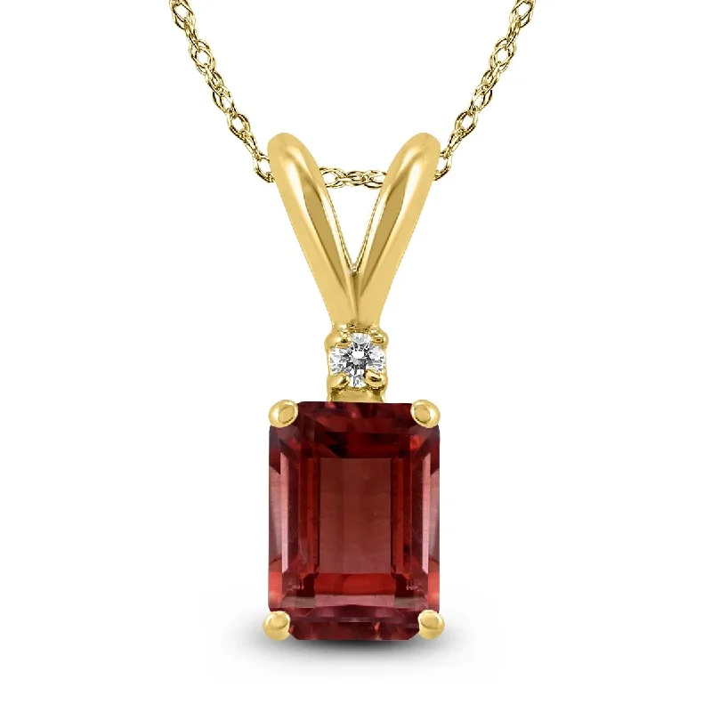 custom engraved pendant necklace for couples -Marquee 14K Yellow Gold 6x4MM Emerald Shaped Garnet and Diamond Pendant