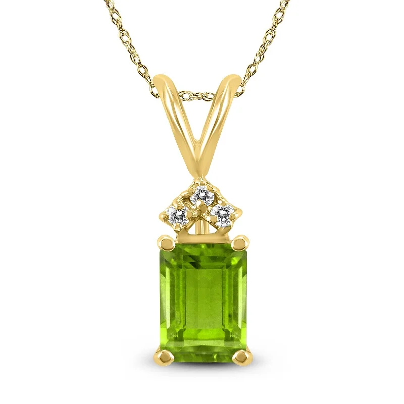 custom gemstone pendant necklace with engraving -Marquee 14K Yellow Gold 6x4MM Emerald Shaped Peridot and Diamond Pendant