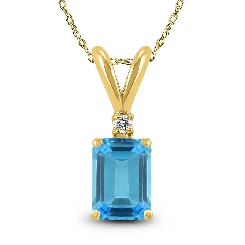 custom engraved pendant necklace for best friend -Marquee 14K Yellow Gold 8x6MM Emerald Shaped Blue Topaz and Diamond Pendant