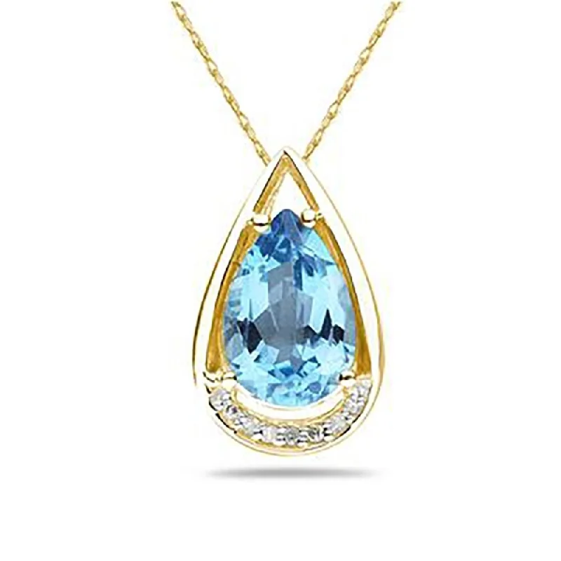 unique pendant necklace with custom engraving -Pear Shaped Blue Topaz and Diamonds Raindrop Pendant in 10k Yellow Gold