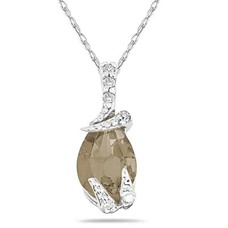 silver pendant necklace with personalized charm -Pear Shaped Smokey Quartz and Diamond Pendant in 10k White Gold