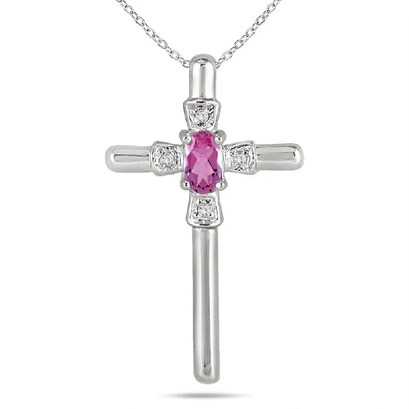 women’s pendant necklace with custom design -Pink Sapphire and Diamond Cross Pendant 10k White Gold