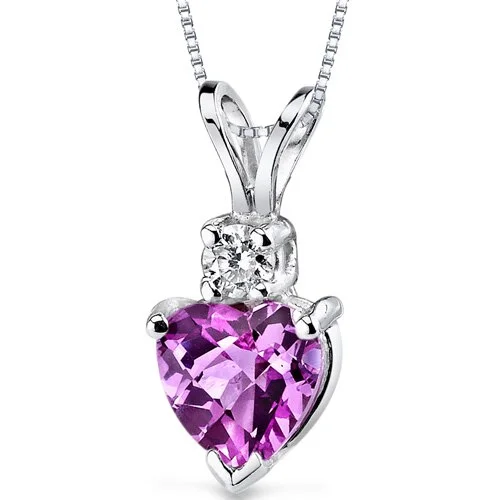 trendy gold pendant necklace with charm -Pink Sapphire and Diamond Pendant Necklace 14K White Gold 1.13 Carats Heart Shape