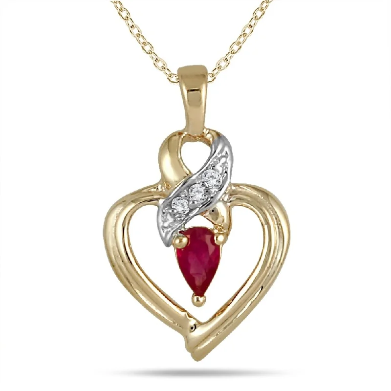 personalized pendant necklace for girlfriend -Ruby and Diamond Ribbon Heart Pendant 10k Yellow Gold