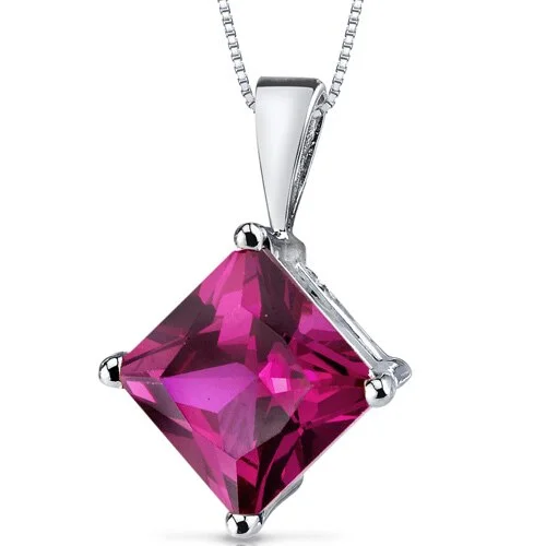 personalized pendant necklace for wedding day -Ruby Pendant Necklace 14 Karat White Gold Princess Cut 3.2 Carat