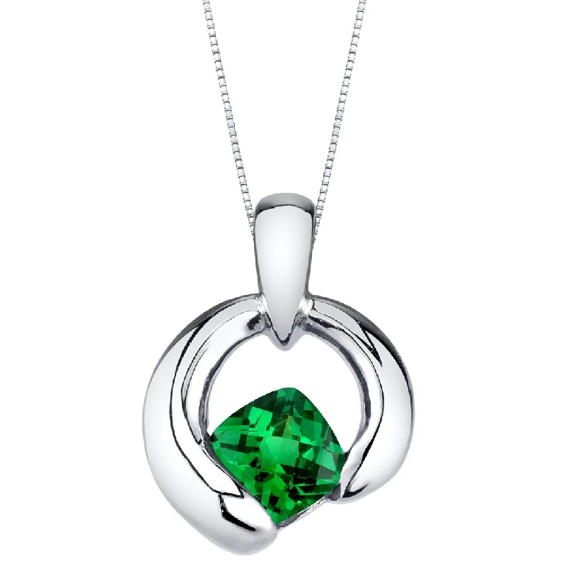 silver pendant necklace with personalized charm for bride -Simulated Emerald Sterling Silver Cushion Cut Orbit Pendant Necklace